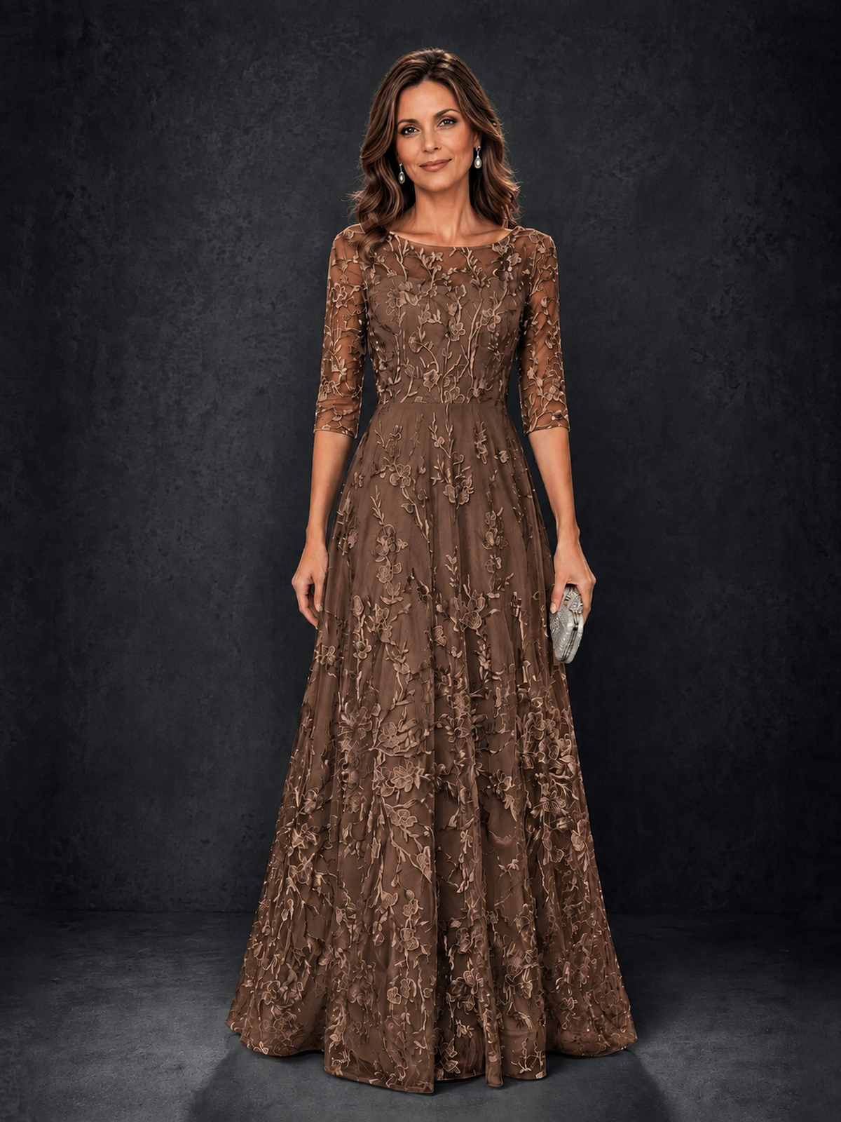 BOLODOO Wisteria Brown Illusion Bateau Neck 3/4 Sleeve Floral Lace A-Line Mother of the Bride Dress MX007 - Brown