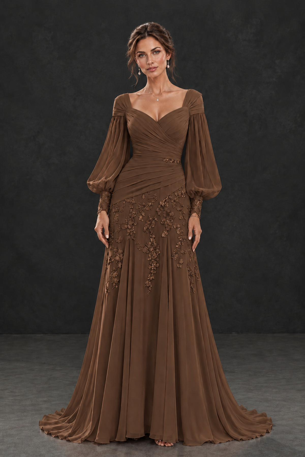 BOLODOO Brown Long Sleeve Mother of the Bride Dress with Floral Appliqués - Brown - Brown (1)