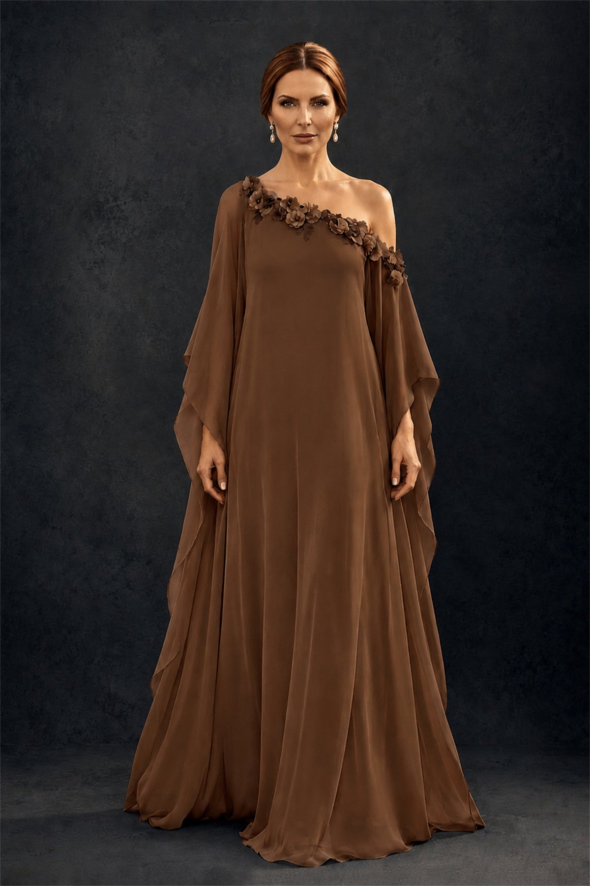 BOLODOO Brown 2-Piece Set: Off-Shoulder 3D Floral Cape Gown & One-Shoulder Wide-Leg Jumpsuit | BD0373 - Brown