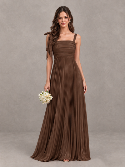 BOLODOO Brown Pleated Bow-Strap Bridesmaid Maxi Dress - Brown - Brown (1)