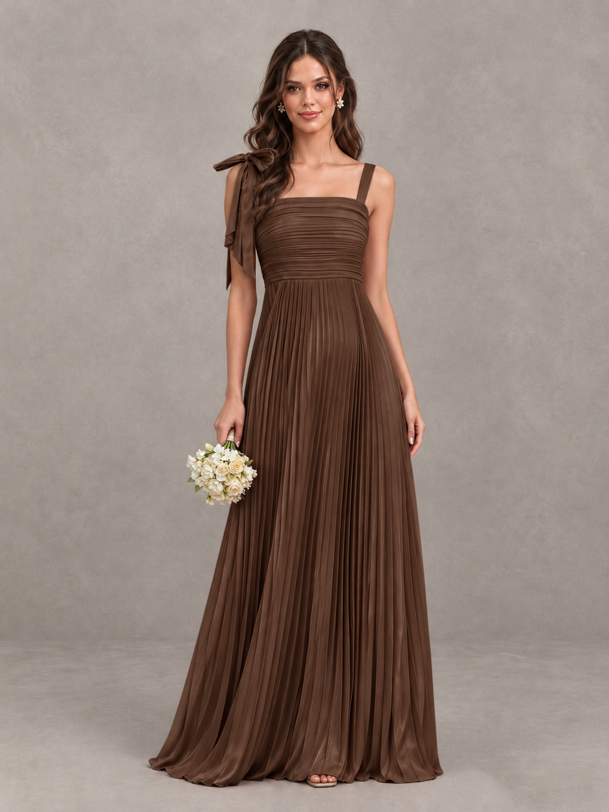 BOLODOO Brown Pleated Bow-Strap Bridesmaid Maxi Dress - Brown - Brown (1)