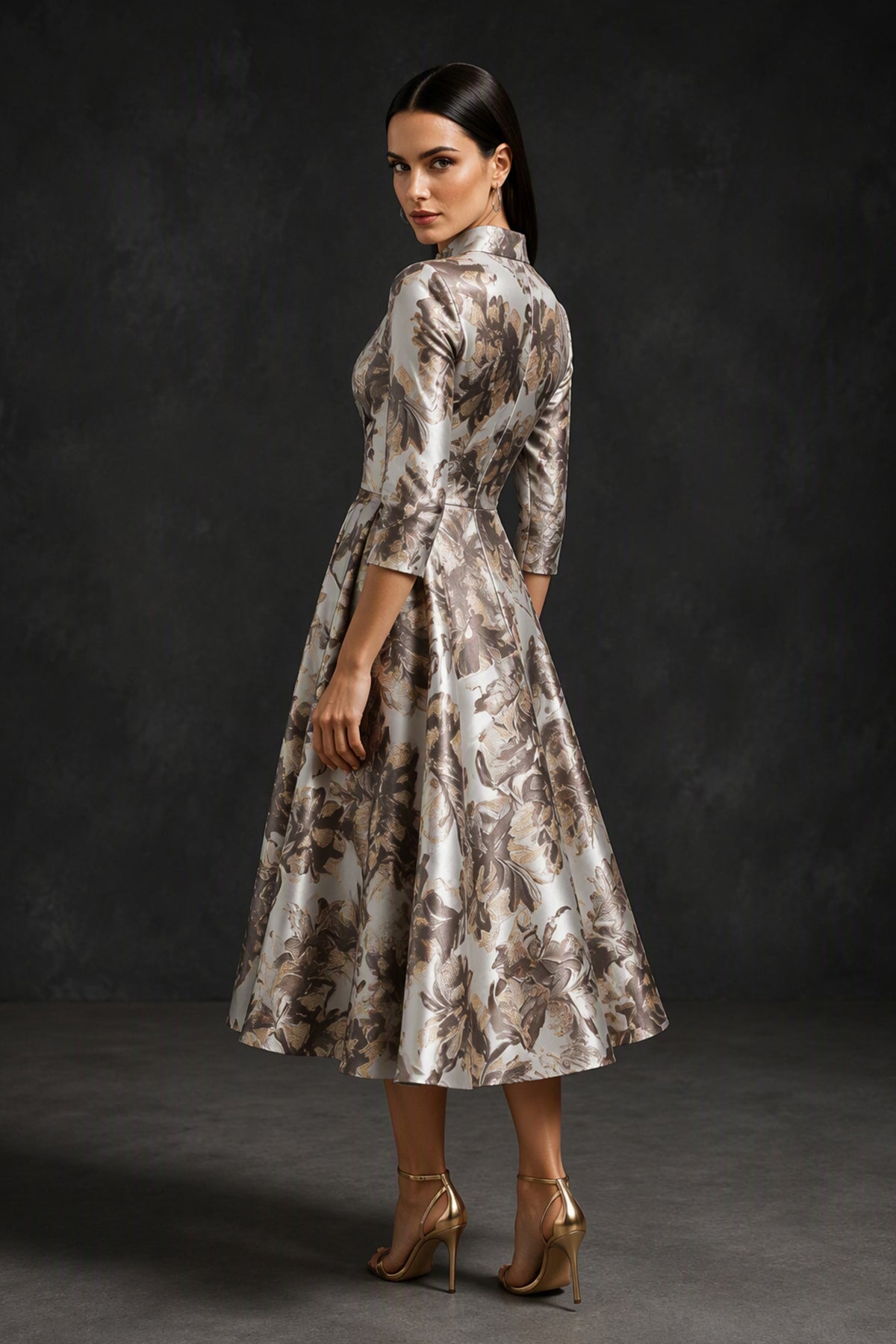 BOLODOO Brown Floral Jacquard Wrap Midi Dress with Three-Quarter Sleeves - Brown