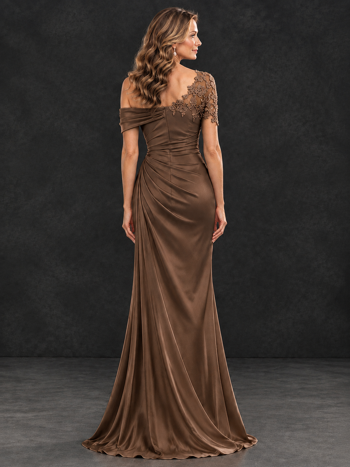 BOLODOO Brown Asymmetric Satin Mother of the Bride Dress with Lace Sleeve - Brown - Brown (2)