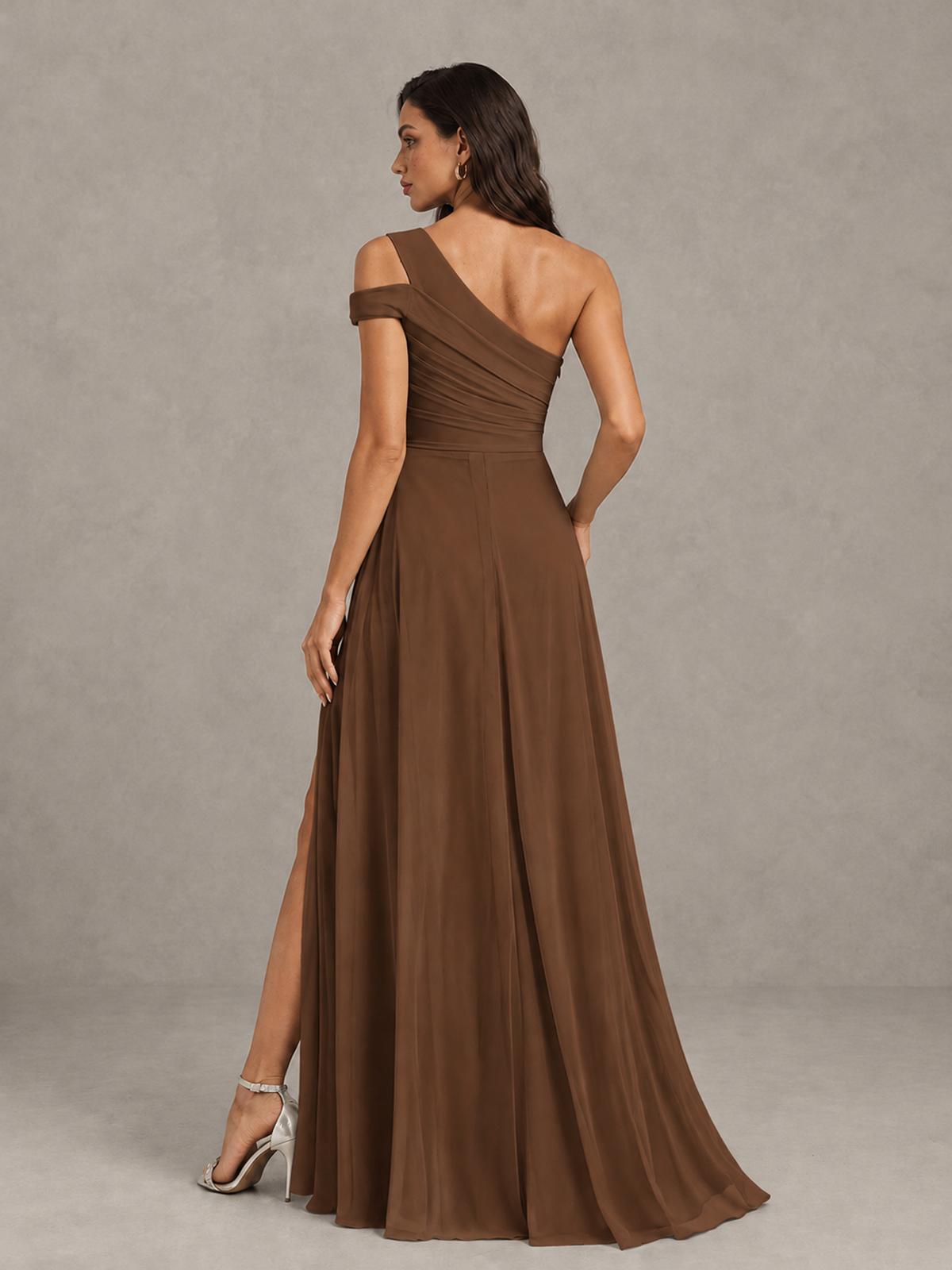 BOLODOO Brown One-Shoulder Bridesmaid Dress with Side Slit - Brown - Brown (2)