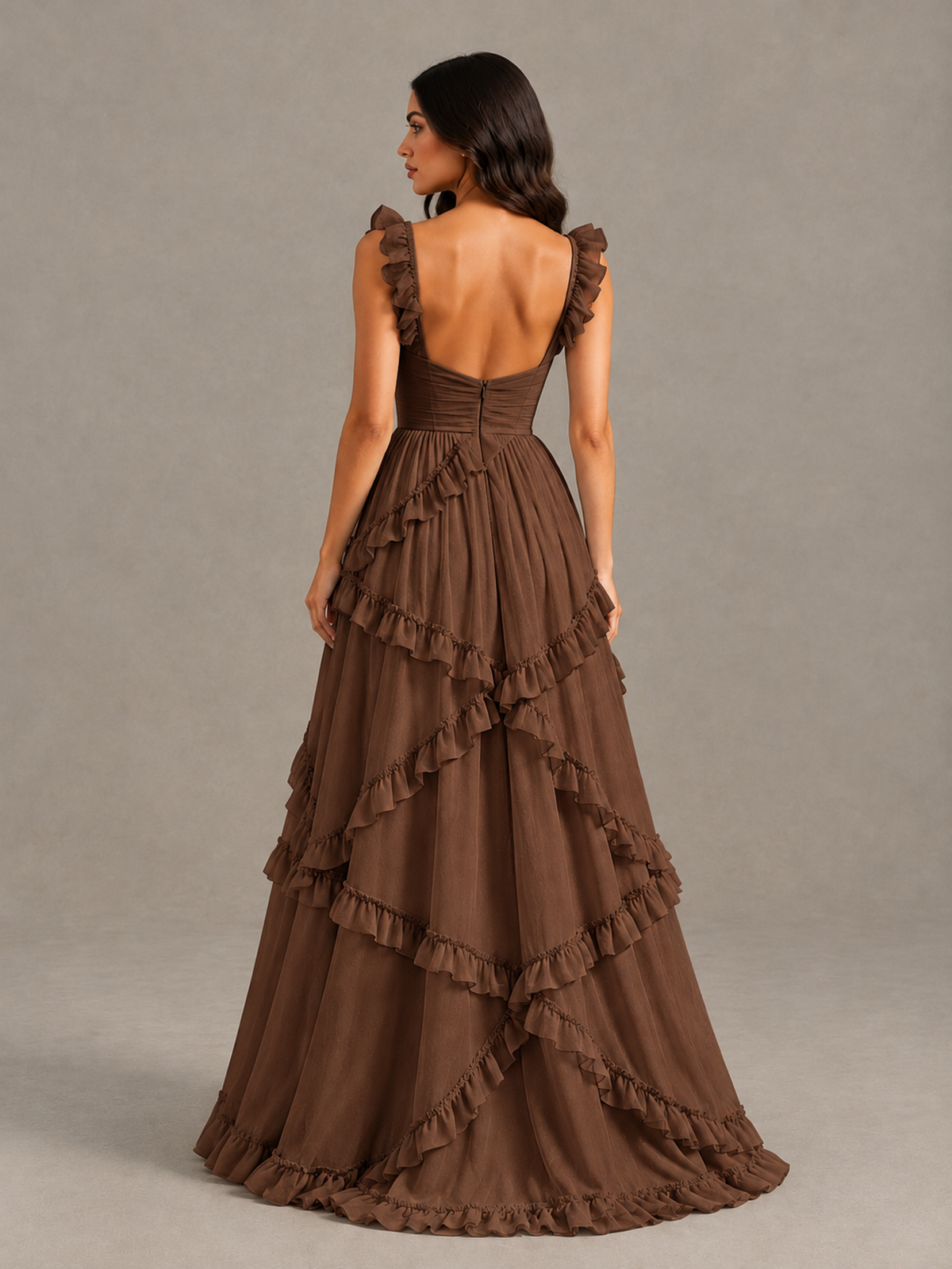 BOLODOO Brown Ruffle A-Line Prom Dress with Open Back - Brown - Brown (2)