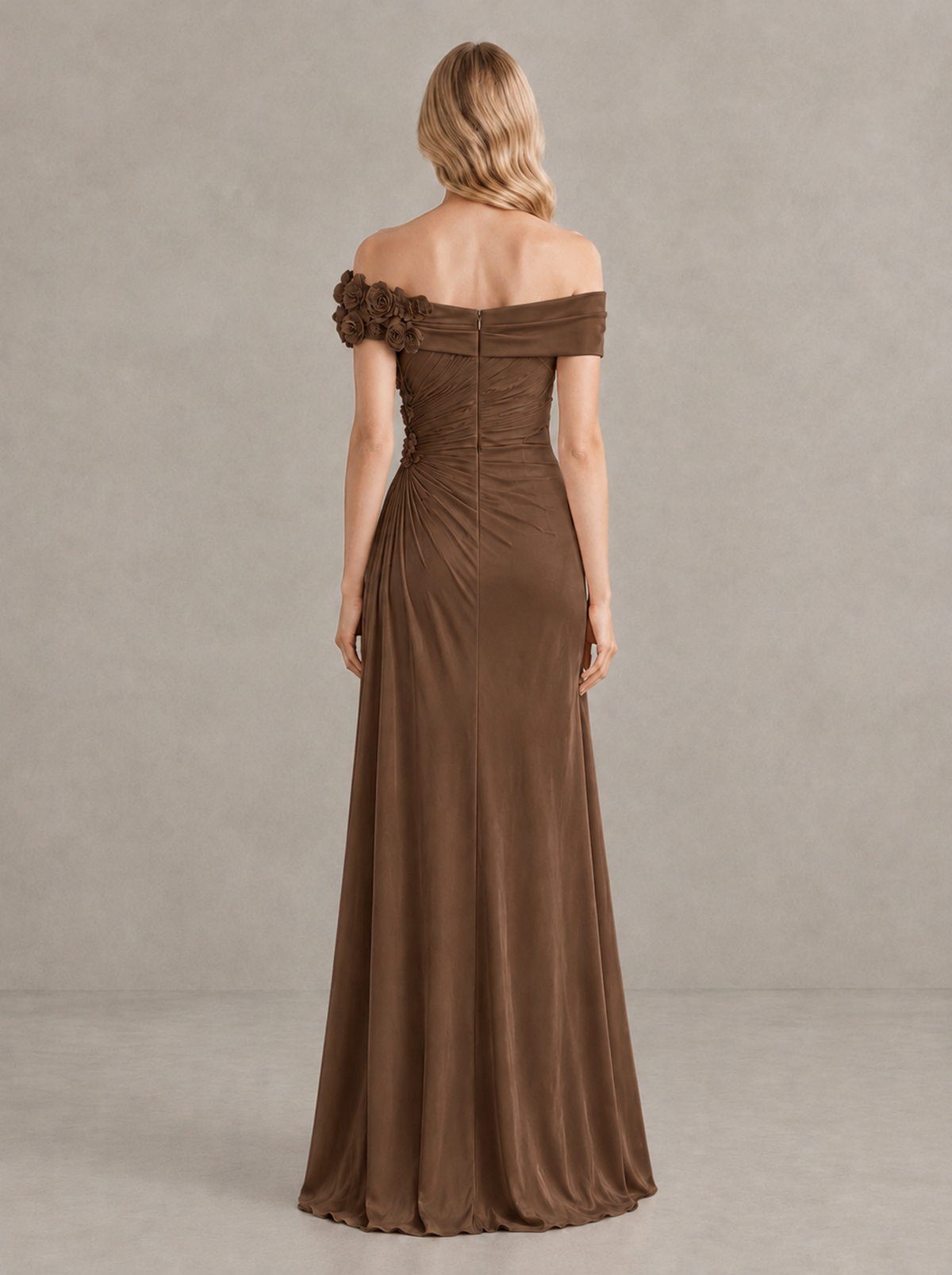 BOLODOO Brown Off-Shoulder Floral Applique Wedding Guest Maxi Dress - Brown - Brown (2)