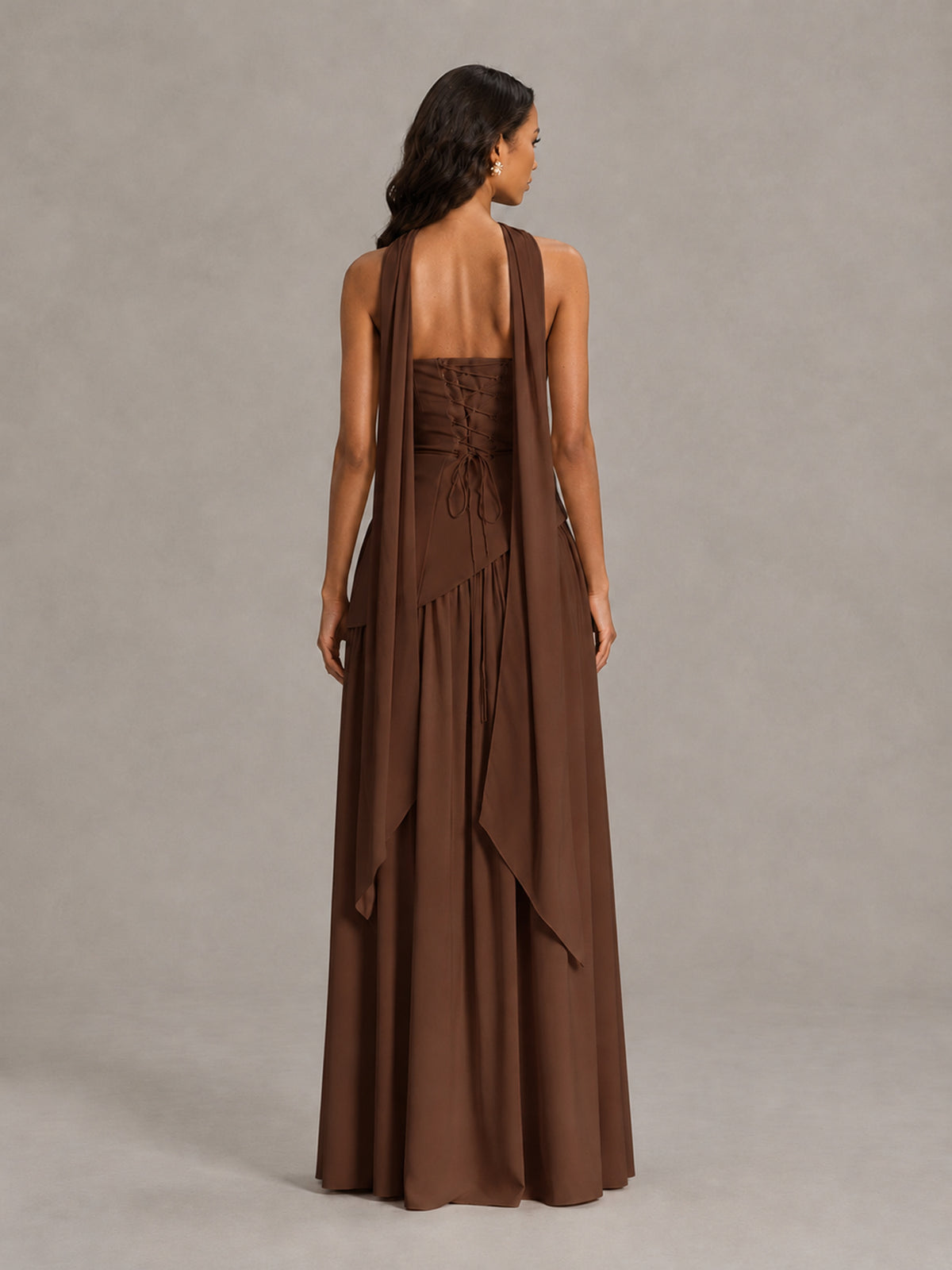 Brown Strapless Bridesmaid Dress with Scarf & High Slit - Brown - Brown (2)