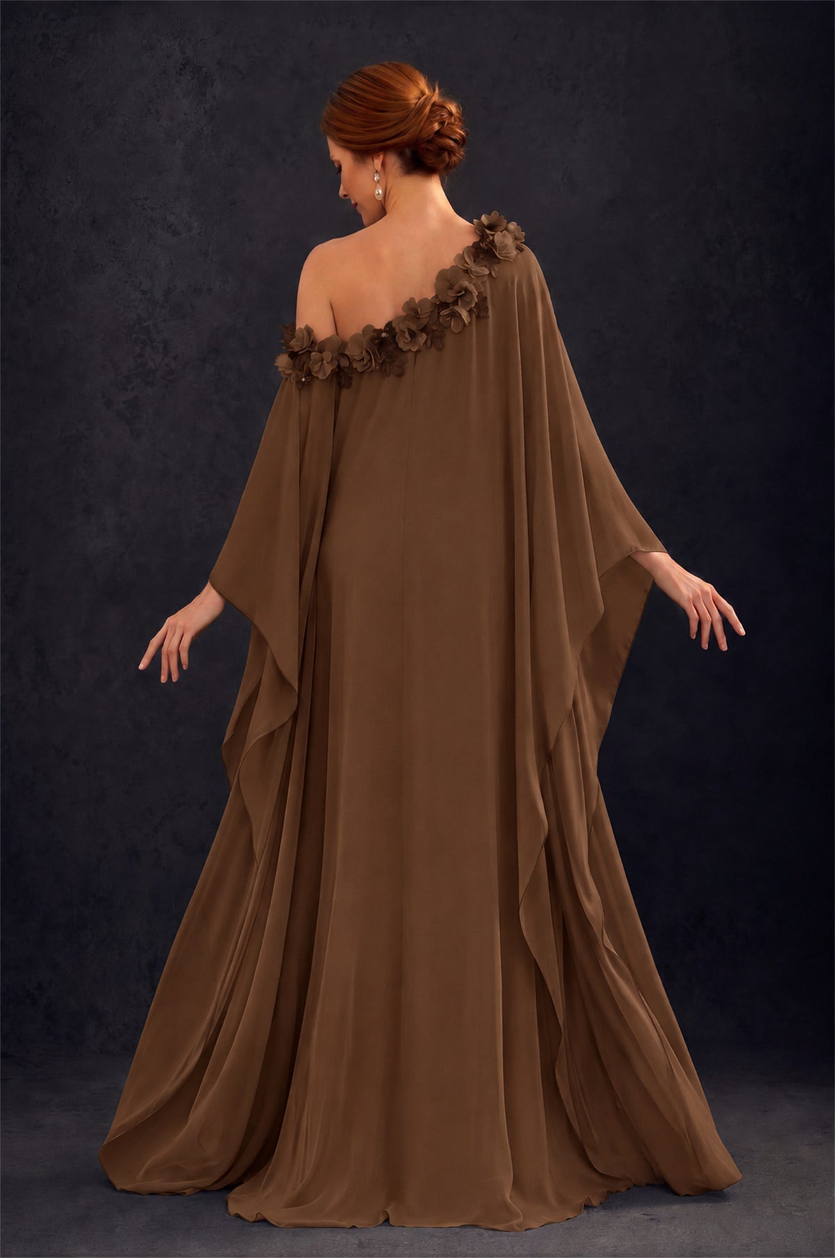 BOLODOO Brown 2-Piece Set: Off-Shoulder 3D Floral Cape Gown & One-Shoulder Wide-Leg Jumpsuit | BD0373 - Brown