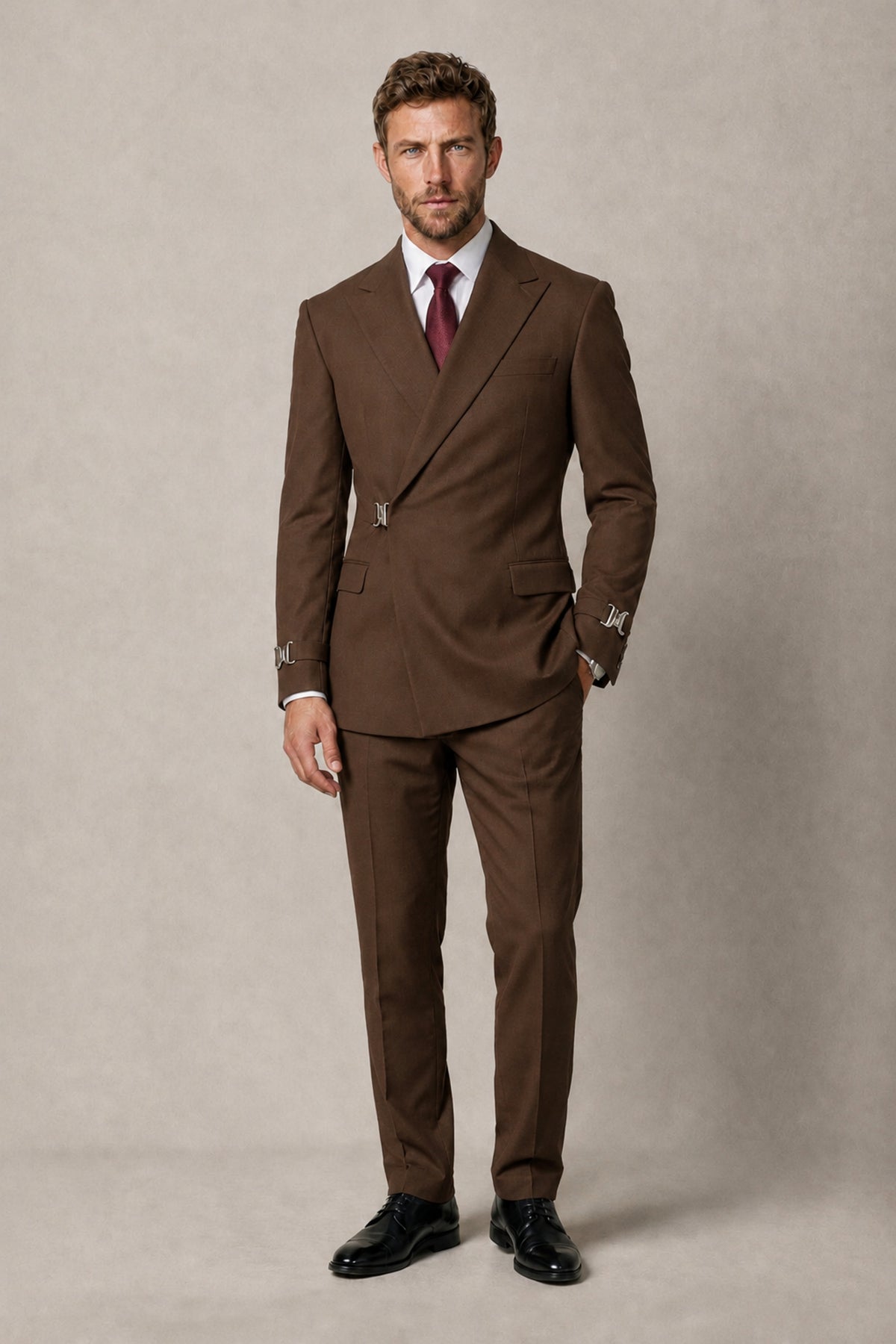 BOLODOO Men's Brown Double-Breasted 2-Piece Suit Set – Blazer & Tailored Trousers - Brown
