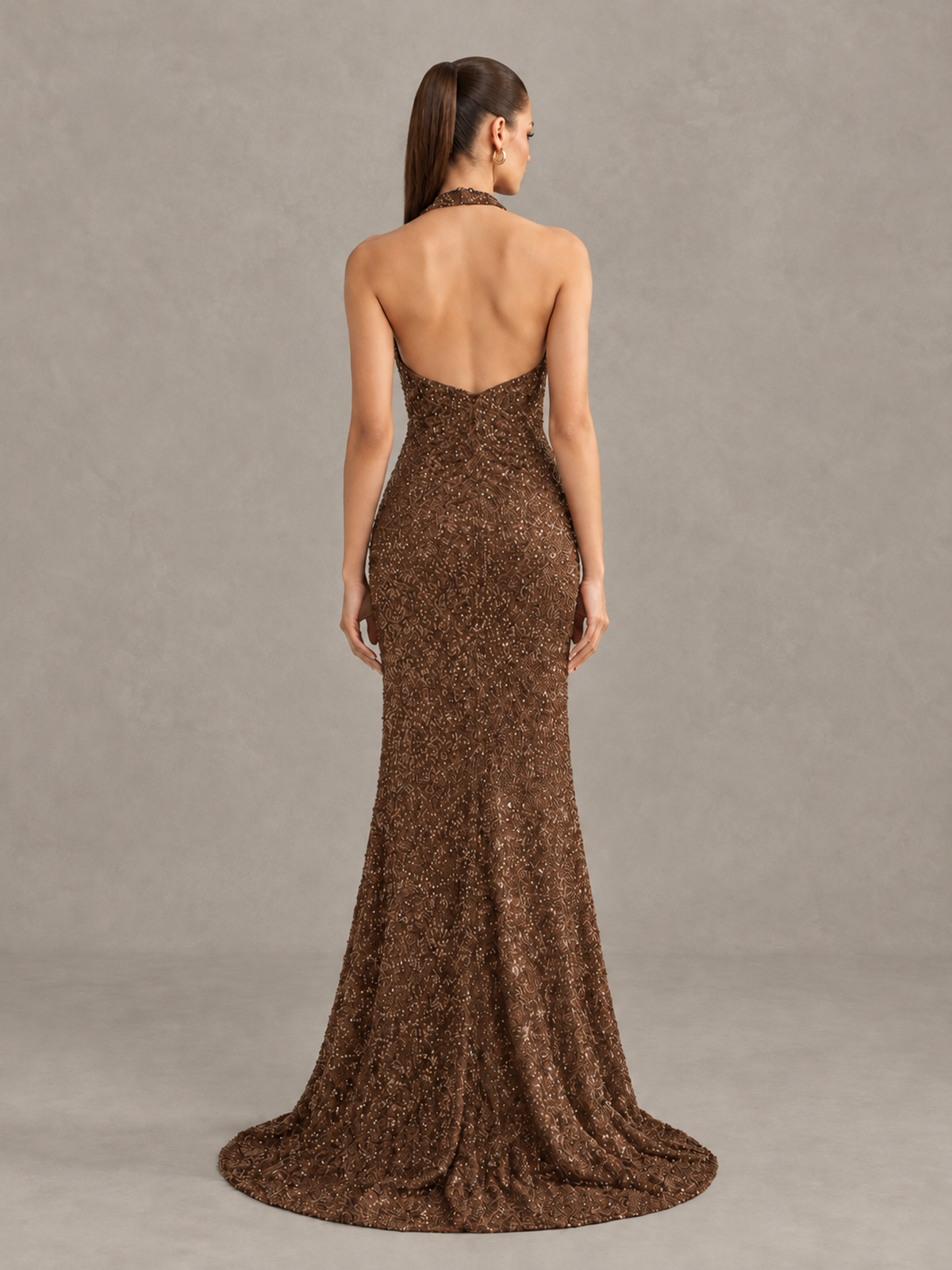 BOLODOO Brown Sequin Halter Open Back Evening Gown with High Slit - Brown - Brown (2)