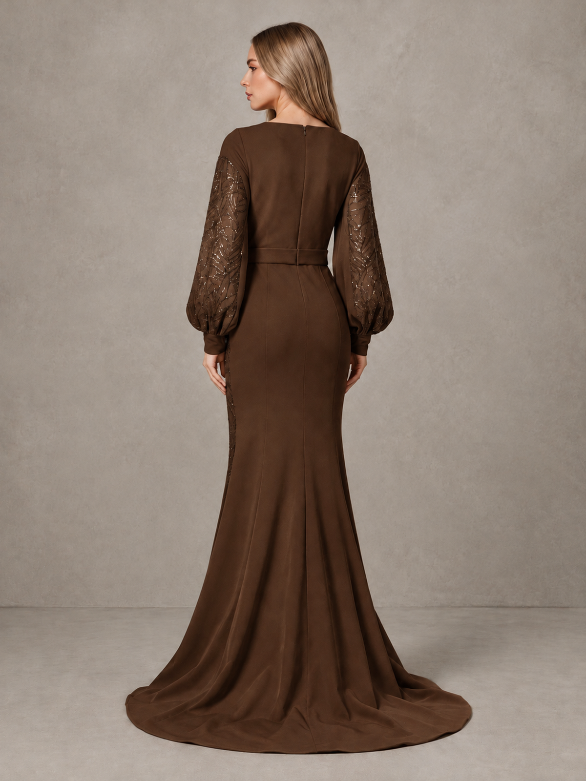 BOLODOO Brown Sequin Long Bishop Sleeve Mermaid Evening Dress - Brown - Brown (2)