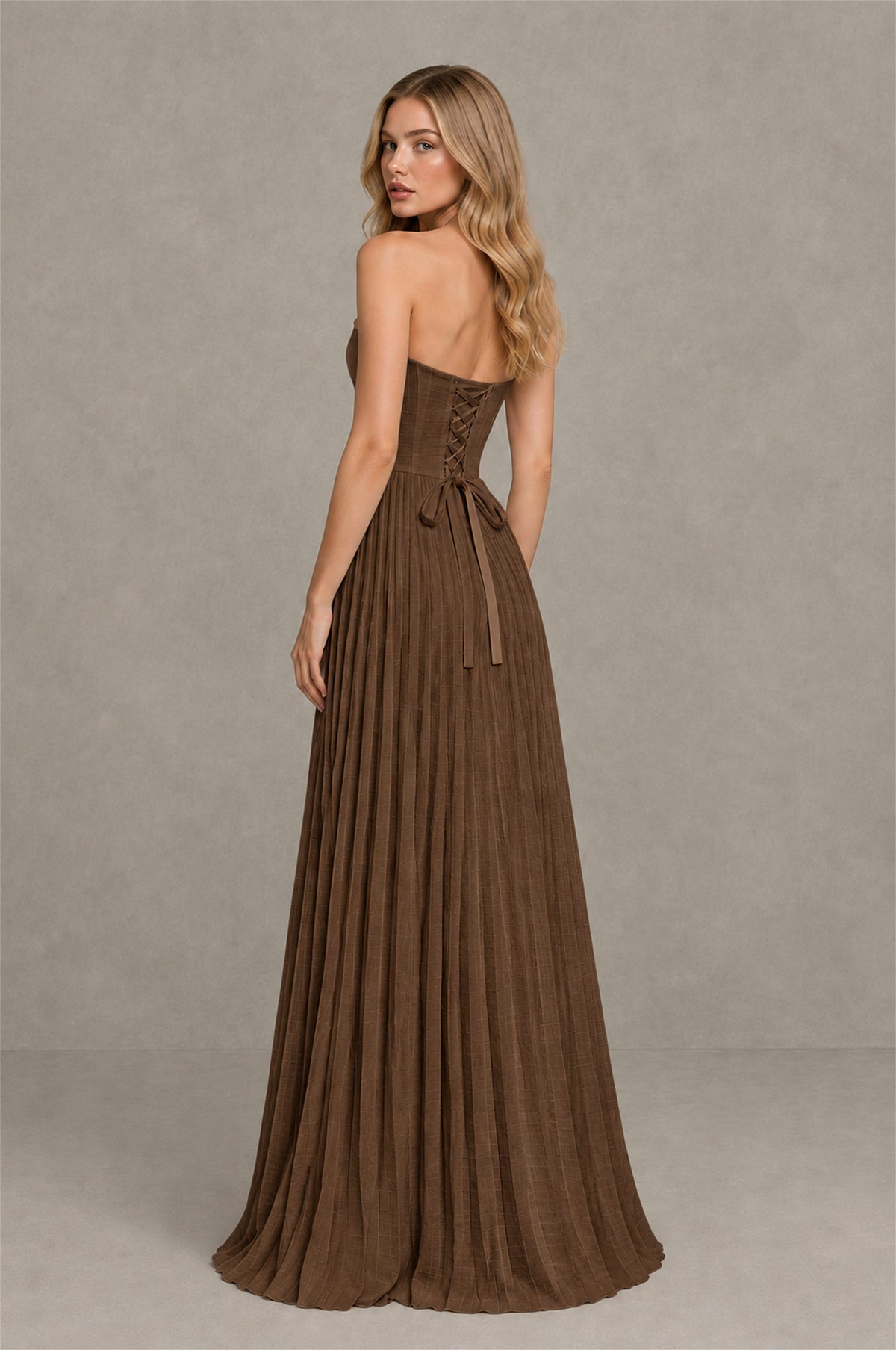 BOLODOO Brown Strapless Sunburst Pleated Twisted Knot Lace-Up Back Accordion Pleated Chiffon Maxi Dress - Brown