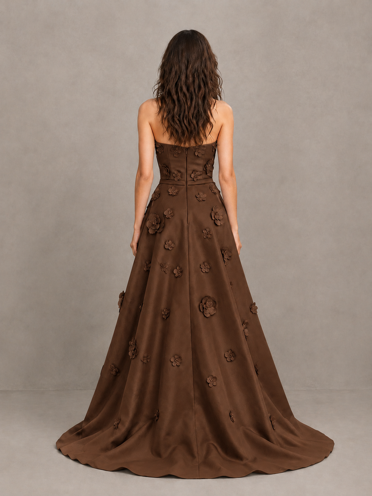 BOLODOO Brown Strapless 3D Floral Applique Prom Gown with Draped Skirt - Brown - Brown (2)