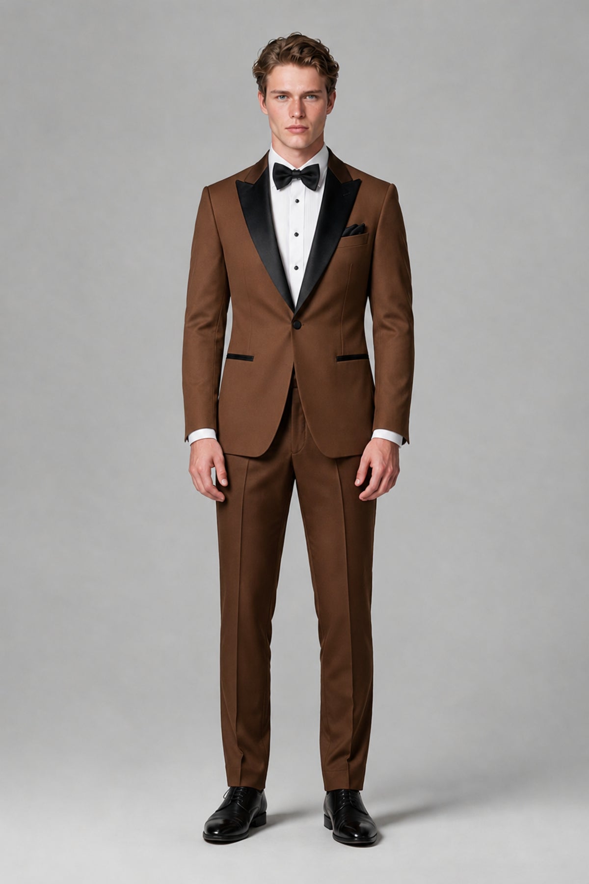 BOLODOO Men's Brown Single-Button Tuxedo Blazer & Black Trousers 2-Piece Suit Set - Brown - Brown (2)