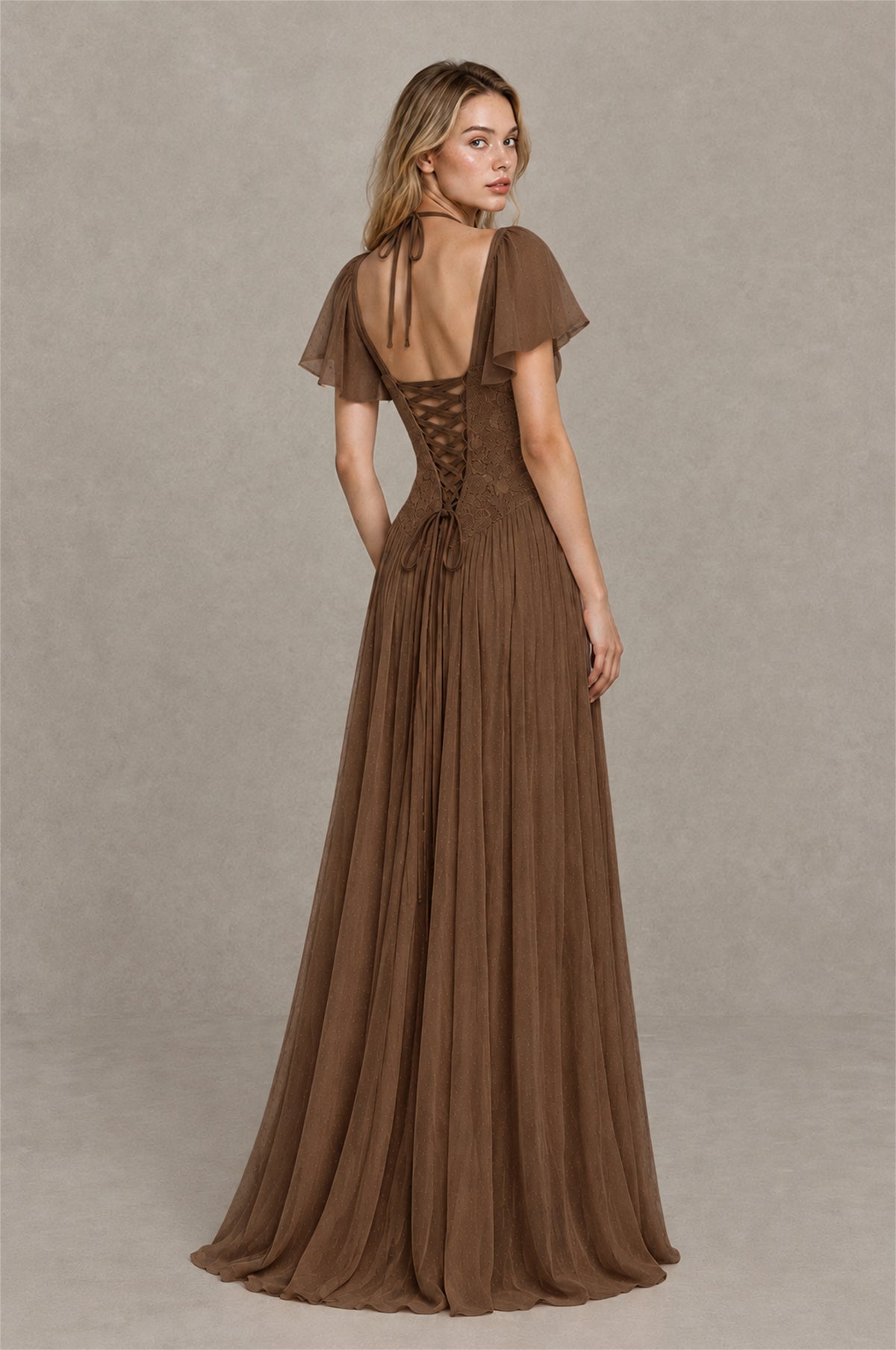 BOLODOO Brown Flutter Sleeve Lace Corset A-Line Maxi Dress - Brown - Brown (2)