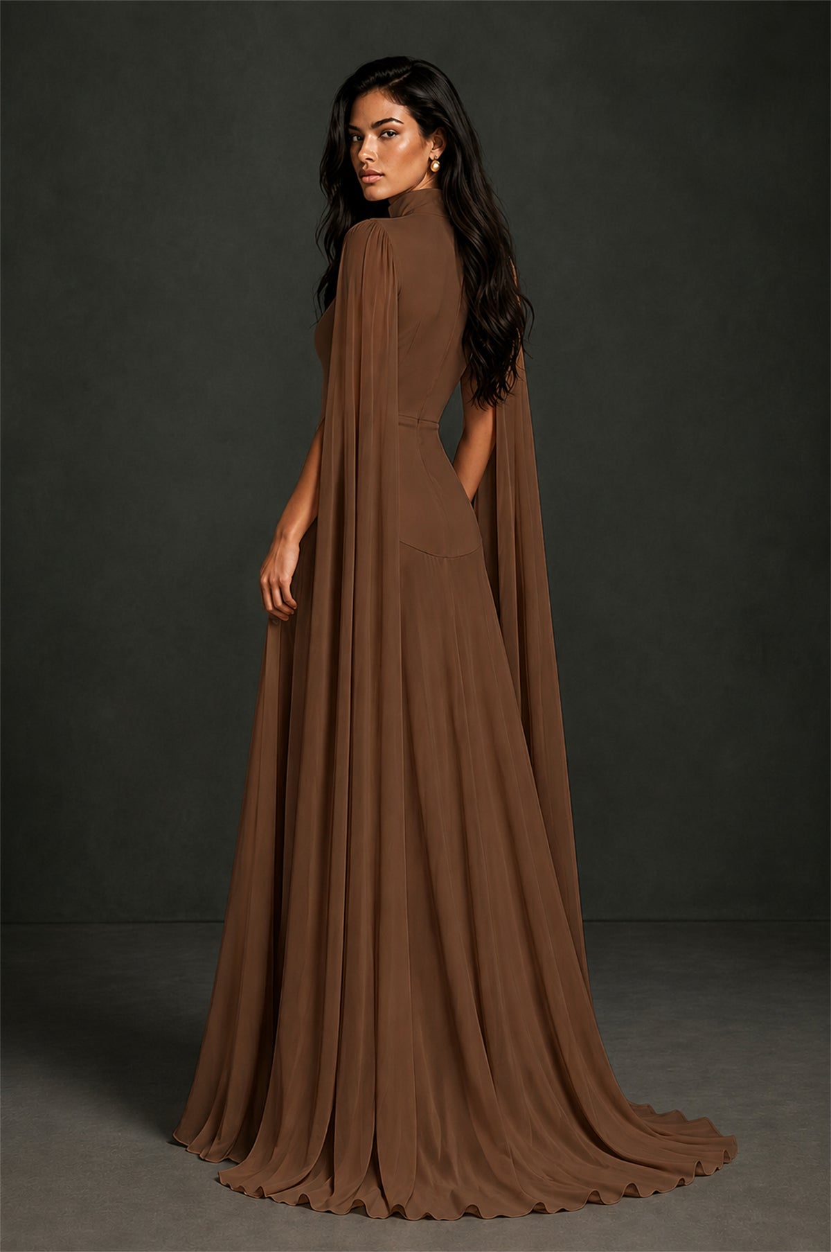 BOLODOO Brown Mock Neck Cape Sleeve A-Line Chiffon Maxi Dress - Brown - Brown (2)