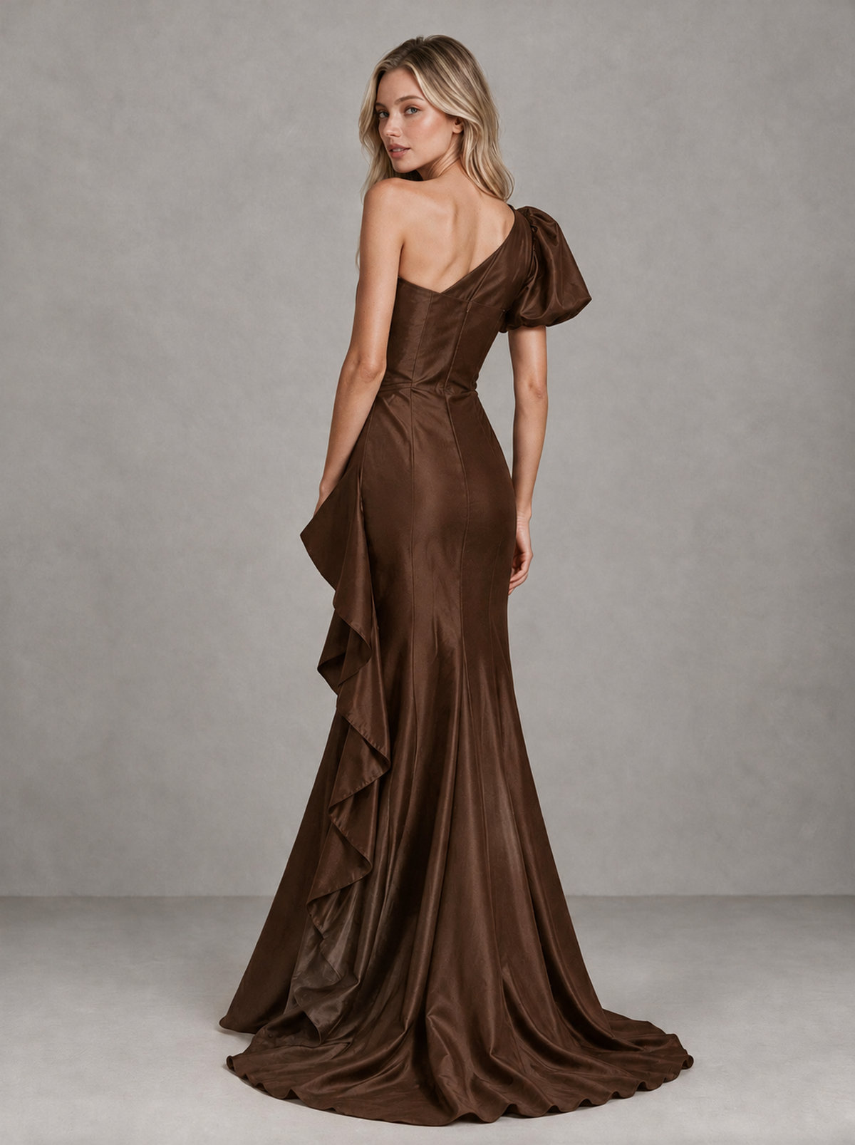 BOLODOO Brown One-Shoulder Satin-Look Mermaid Evening Dress with Ruffles - Brown - Brown (2)
