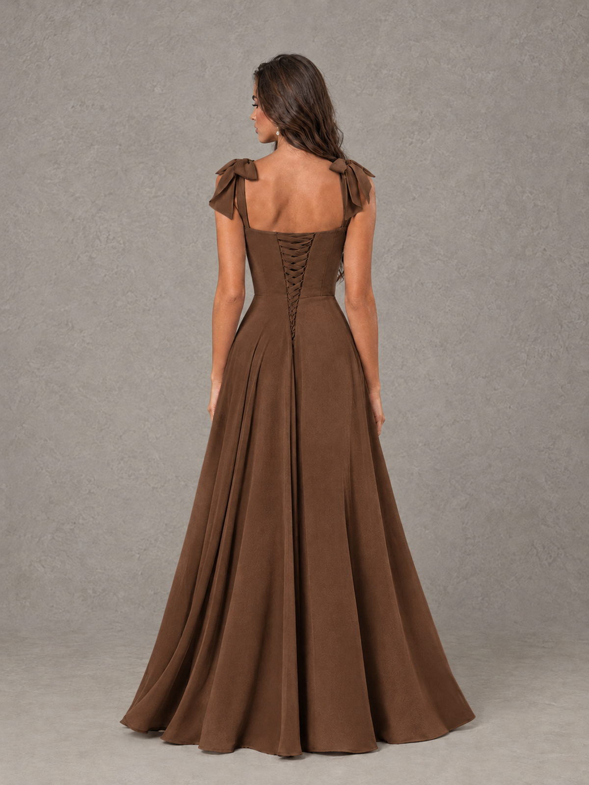 BOLODOO Brown Bow-Strap Bridesmaid Dress with Ruffle Slit - Brown - Brown (2)
