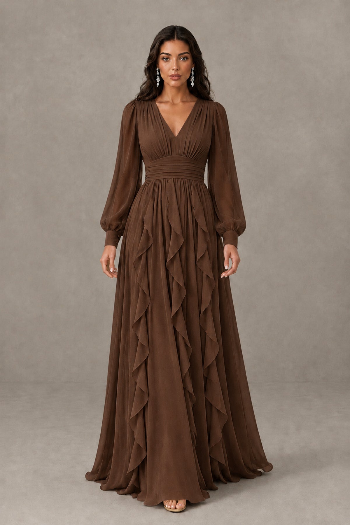 BOLODOO Brown Long Sleeve V-Neck Ruffle Maxi Dress - Brown - Brown (2)