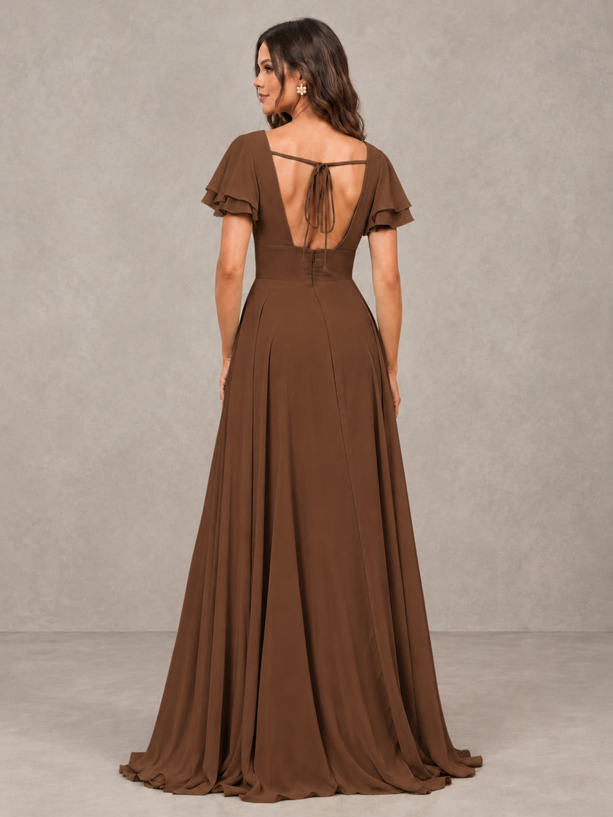 BOLODOO Brown Flutter Sleeve Chiffon A-Line Maxi Bridesmaid Dress with Open Back & Slit - Brown - Brown (2)