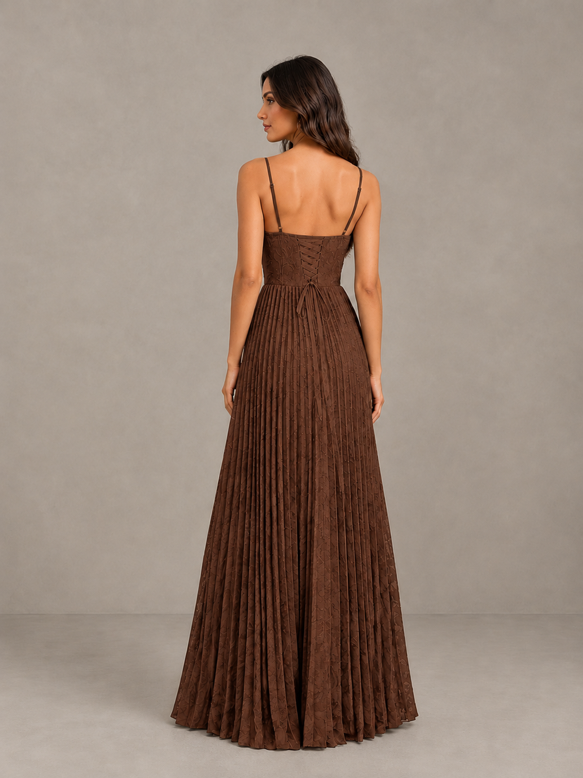 BOLODOO Brown Pleated Bridesmaid Dress with Sweetheart Neckline & Slit - Brown - Brown (2)
