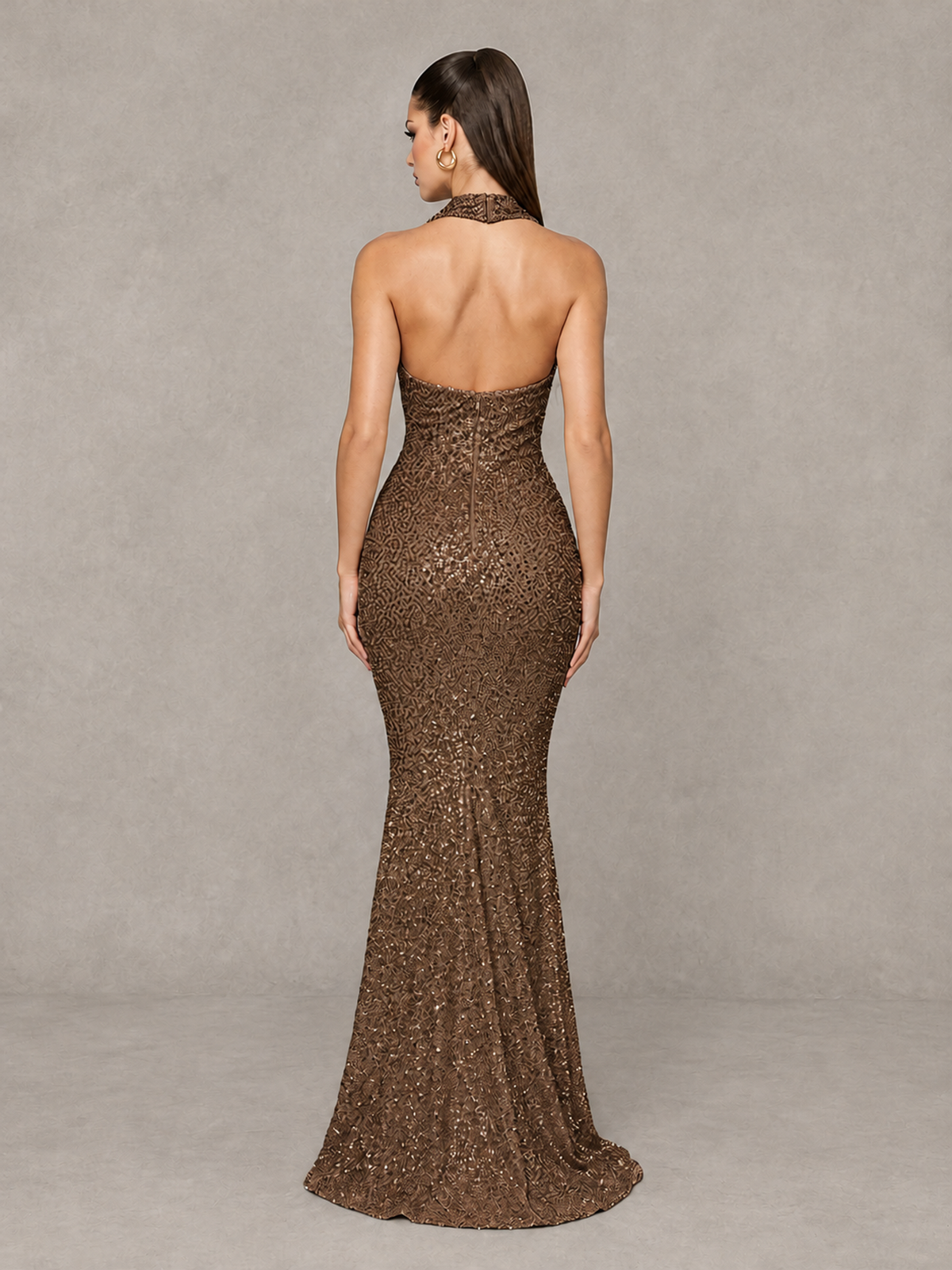 BOLODOO Brown Sequin Halter Mermaid Evening Gown - Brown - Brown (2)