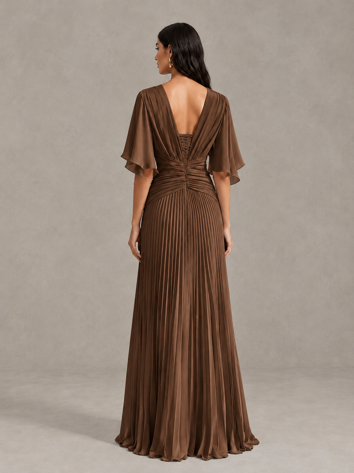 BOLODOO Brown Pleated V-Neck Flutter Sleeve Bridesmaid Dress - Brown - Brown (2)