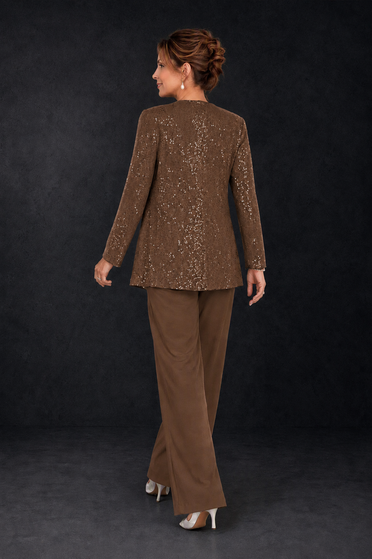 BOLODOO Brown Sequin Lace 3-Piece Pant Suit with Long Sleeve Jacket - Brown - Brown (2)
