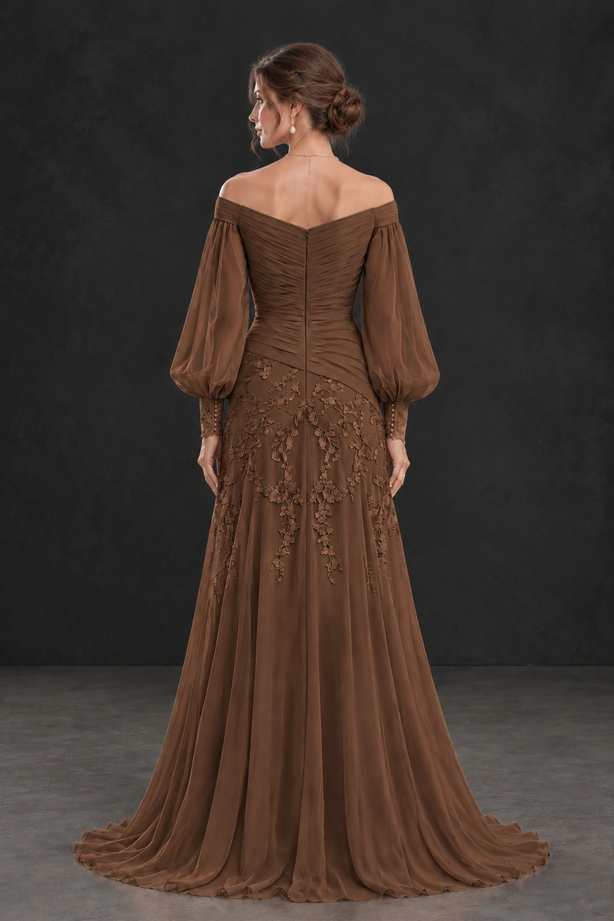 BOLODOO Brown Long Sleeve Mother of the Bride Dress with Floral Appliqués - Brown - Brown (2)