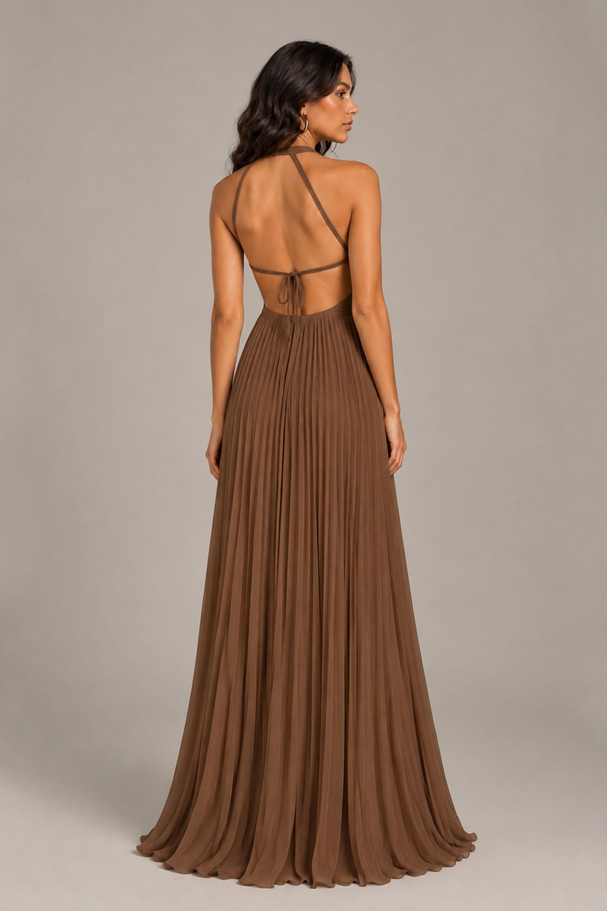 BOLODOO Brown Halter Neck Pleated Chiffon Maxi Dress with Side Slit - Brown