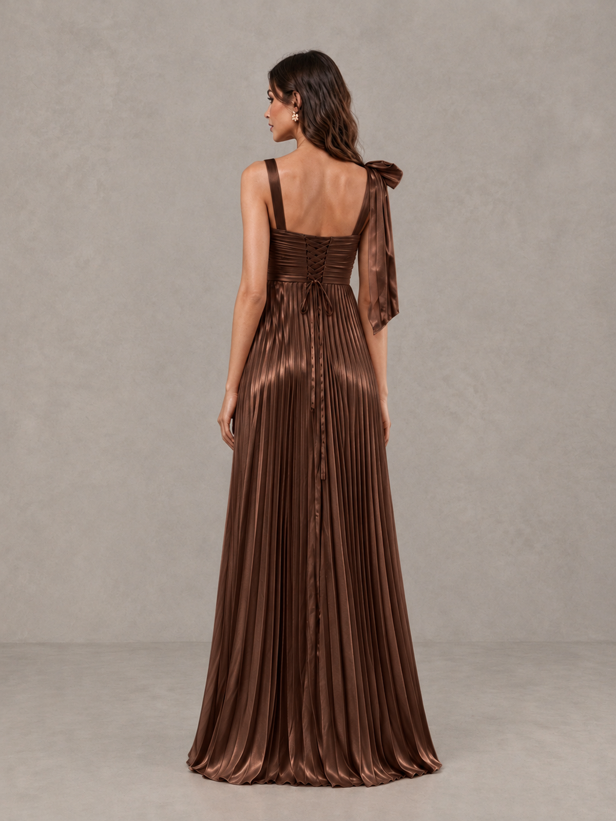 BOLODOO Brown Pleated Bow-Strap Bridesmaid Maxi Dress - Brown - Brown (2)
