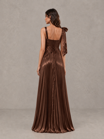BOLODOO Brown Pleated Bow-Strap Bridesmaid Maxi Dress - Brown - Brown (2)