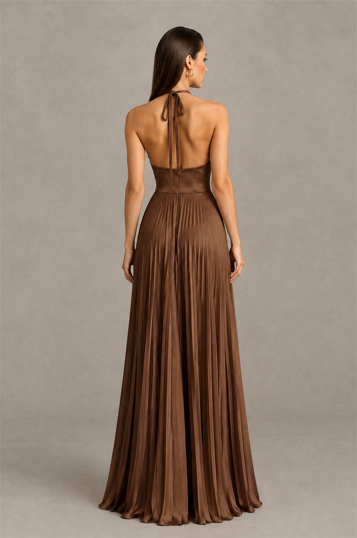 BOLODOO Brown Halter Pleated A-Line Evening Dress - Brown