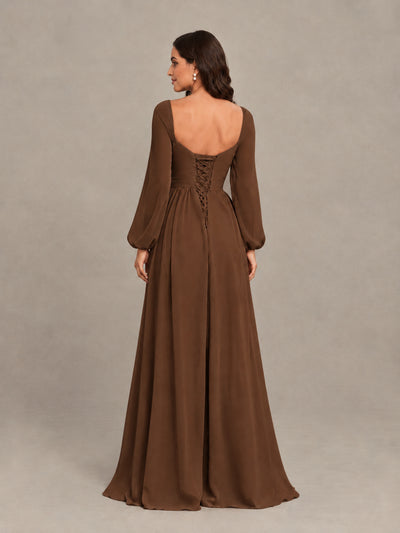 BOLODOO Brown Long Sleeve Chiffon Bridesmaid Dress with Slit - Brown - Brown (2)