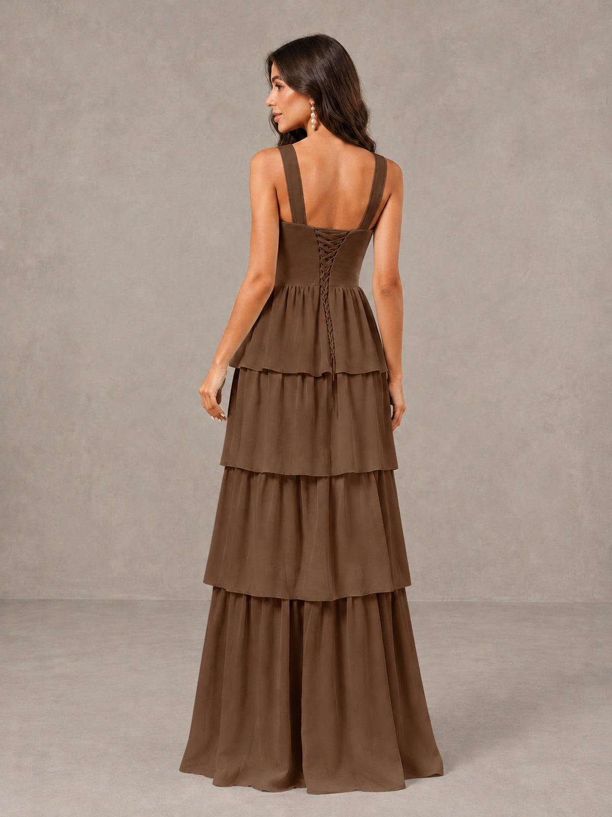 BOLODOO Brown Square Neck Tiered Bridesmaid Dress with Slit - Brown - Brown (2)