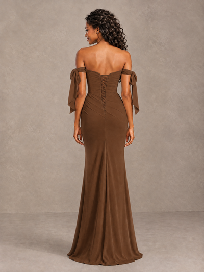 Brown Off-Shoulder Bow Bridesmaid Dress with Slit - Brown - Brown (2)