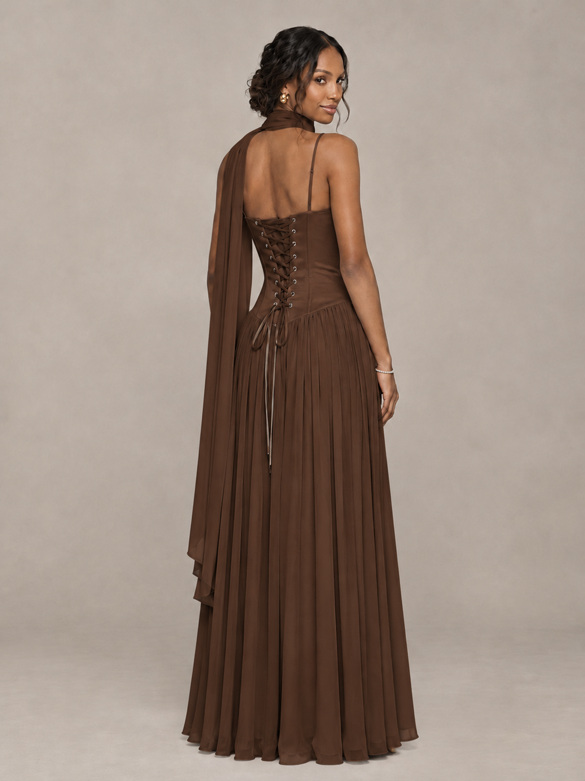 BOLODOO Brown Corset Bridesmaid Dress with Scarf - Brown - Brown (2)