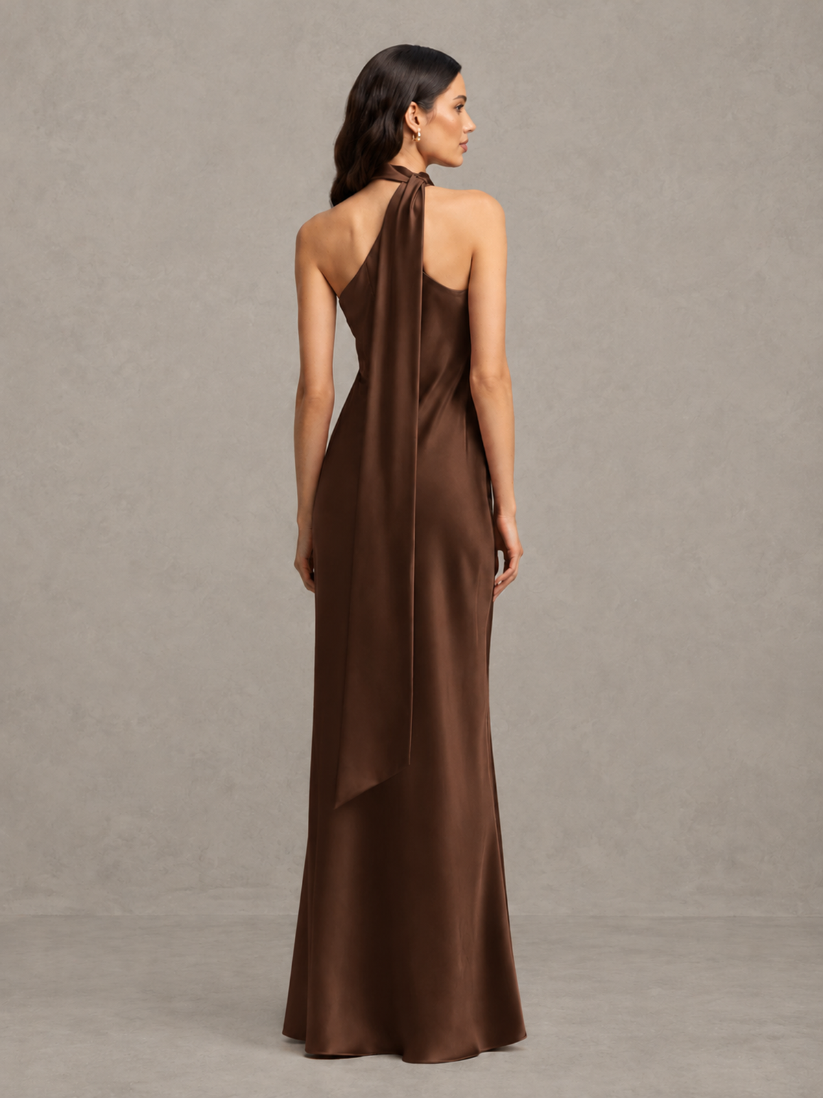 BOLODOO Brown Satin One-Shoulder Bridesmaid Dress with Open Back - Brown - Brown (2)