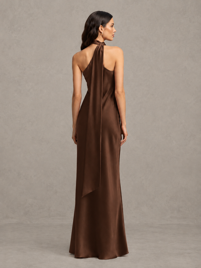 BOLODOO Brown Satin One-Shoulder Bridesmaid Dress with Open Back - Brown - Brown (2)
