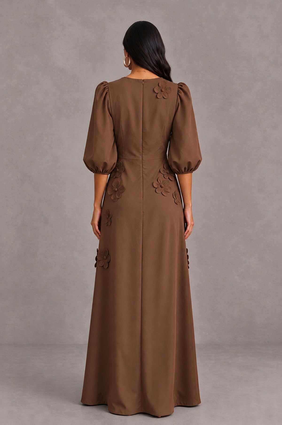 BOLODOO Brown Floral Applique Puff Sleeve A-Line Evening Dress - Brown - Brown (2)