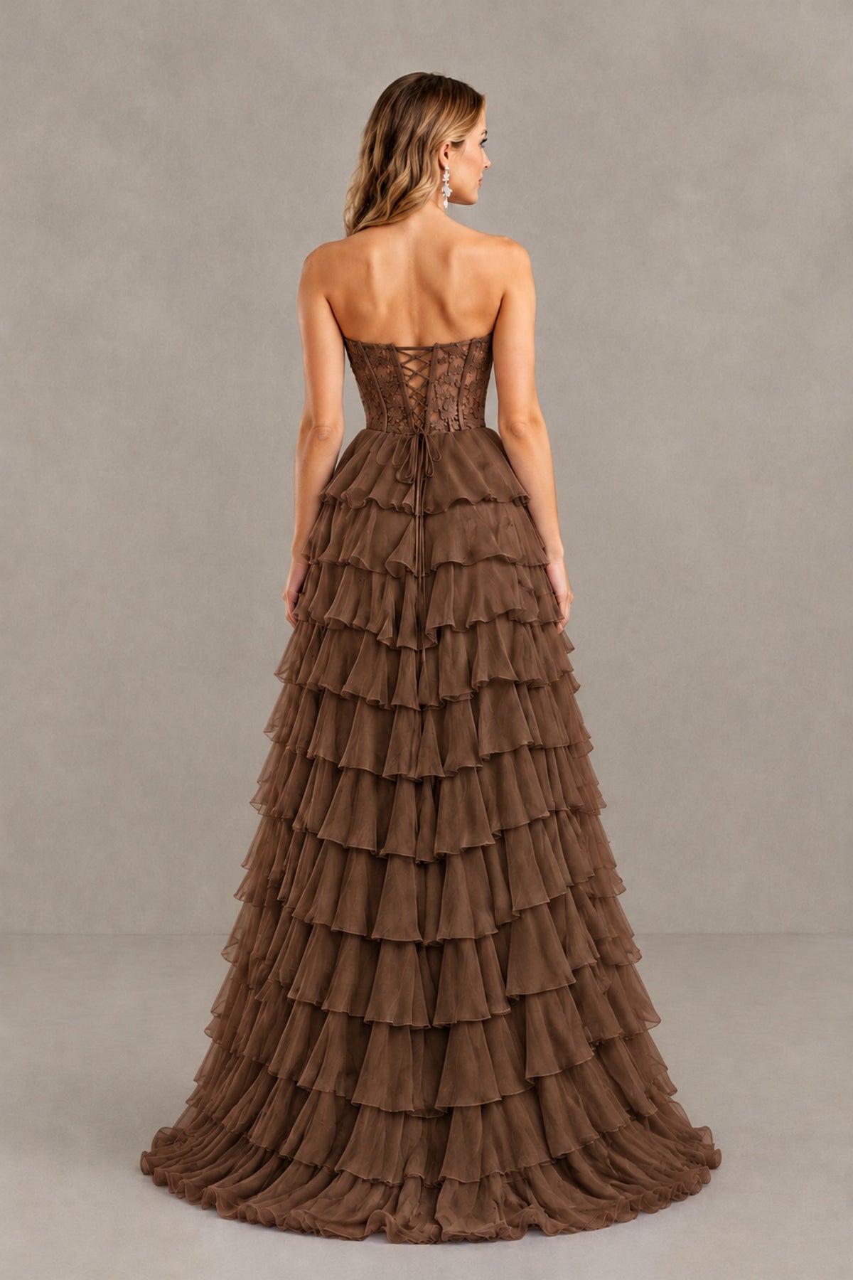 BOLODOO Brown Strapless Lace Corset Tiered Ruffle Prom Dress with Slit - Brown - Brown (2)