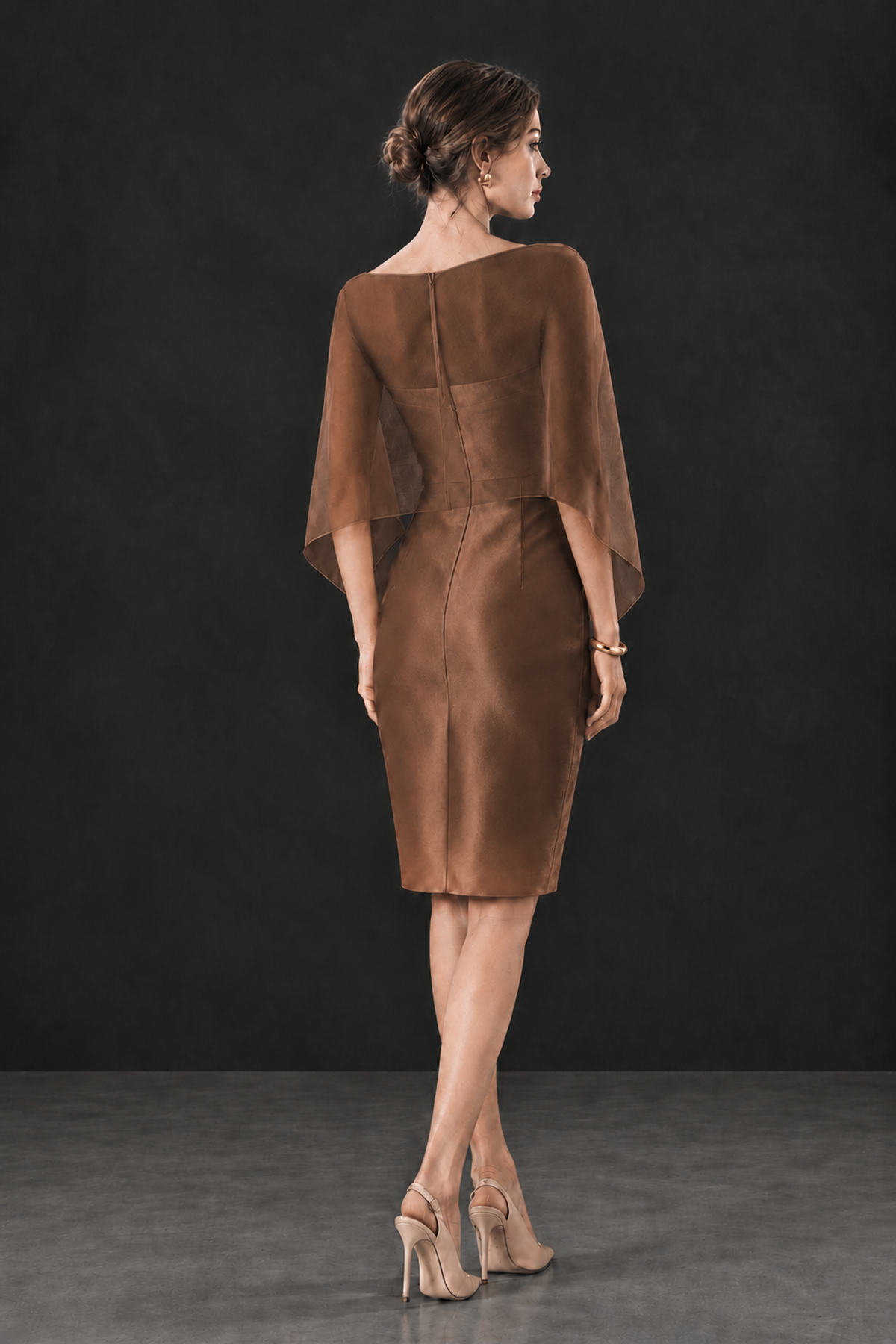 BOLODOO Brown Cape Knee-Length Mother of the Bride Dress - Brown - Brown (2)