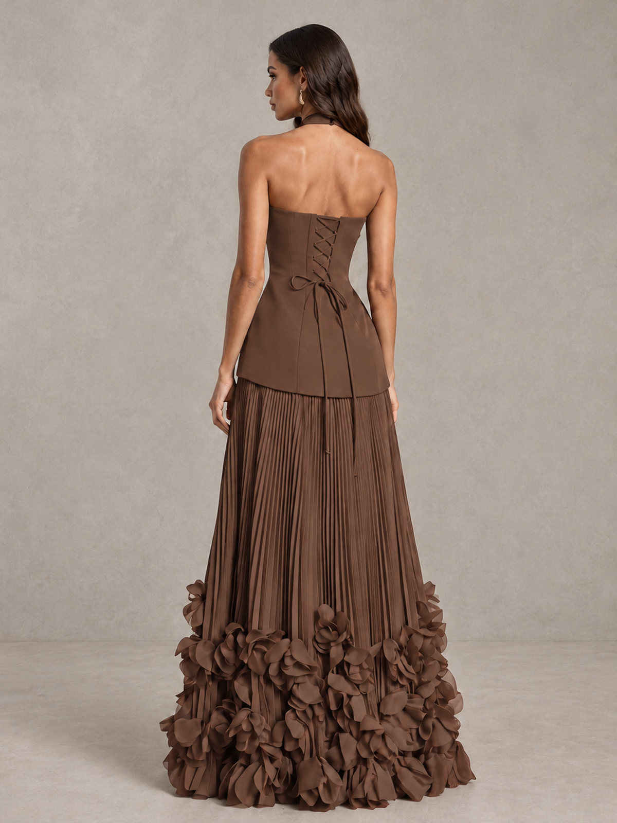 BOLODOO Brown Halter Neck Floor-Length Evening Gown with High Slit & 3D Floral Hem - Brown - Brown (2)