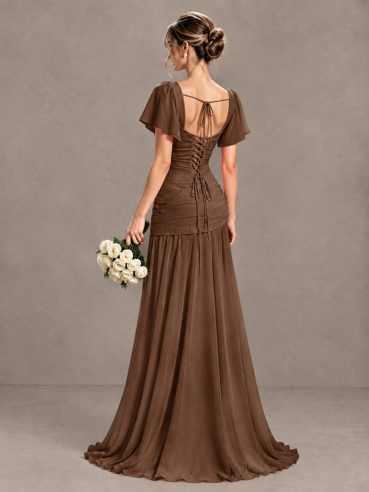 BOLODOO Brown Flutter Sleeve Lace-Up Back Maxi Dress - Brown - Brown (2)