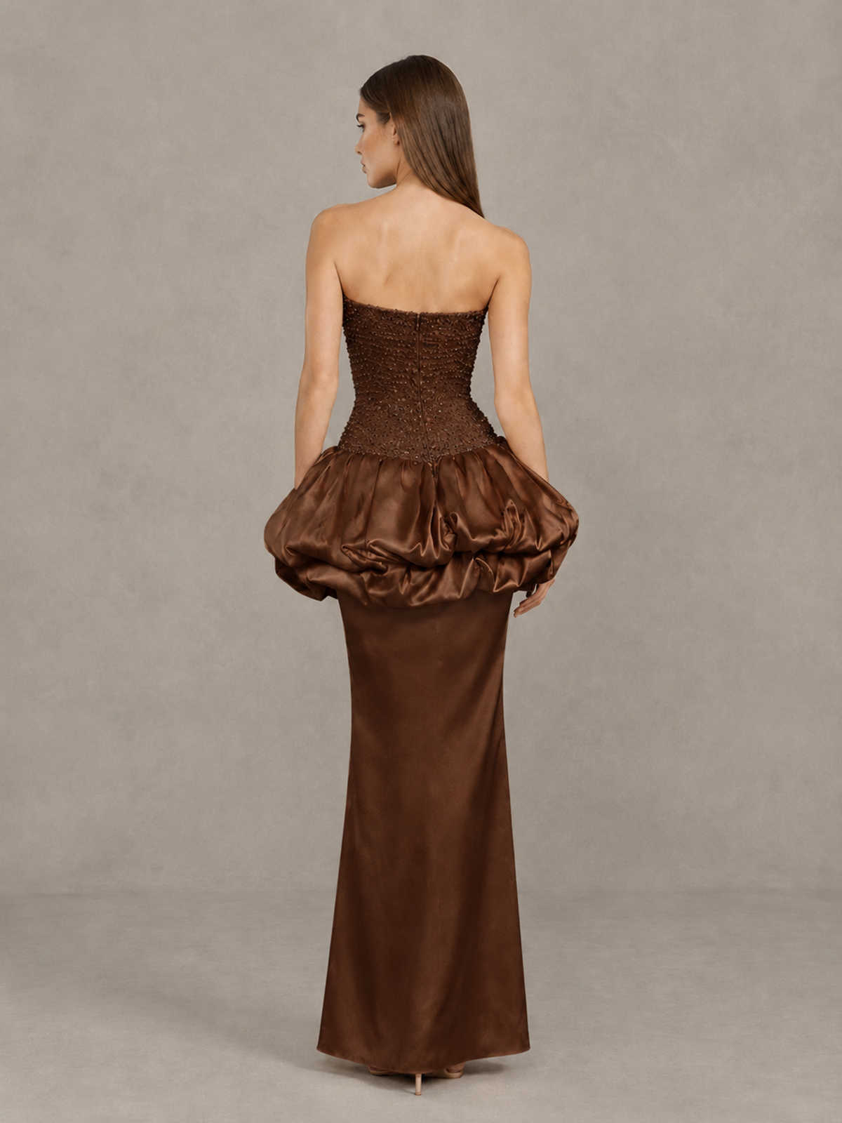BOLODOO Brown Strapless Embellished Bubble Peplum Evening Dress - Brown - Brown (2)