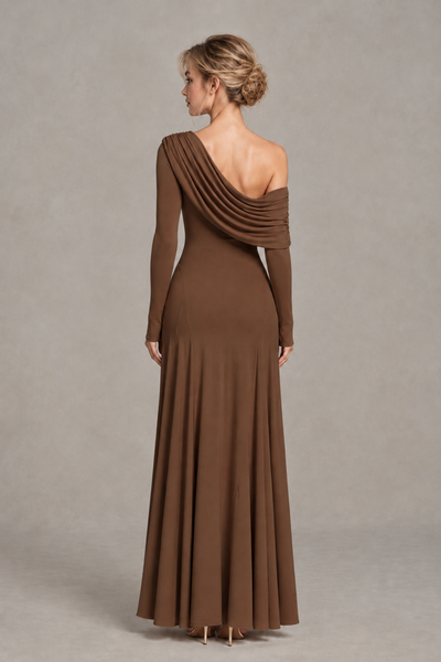 BOLODOO Brown Asymmetric Draped Long Sleeve Evening Gown - Brown