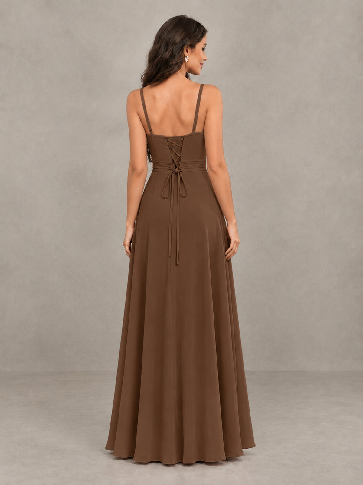 BOLODOO Brown Spaghetti Strap Ruffle Bridesmaid Dress with Slit - Brown - Brown (2)