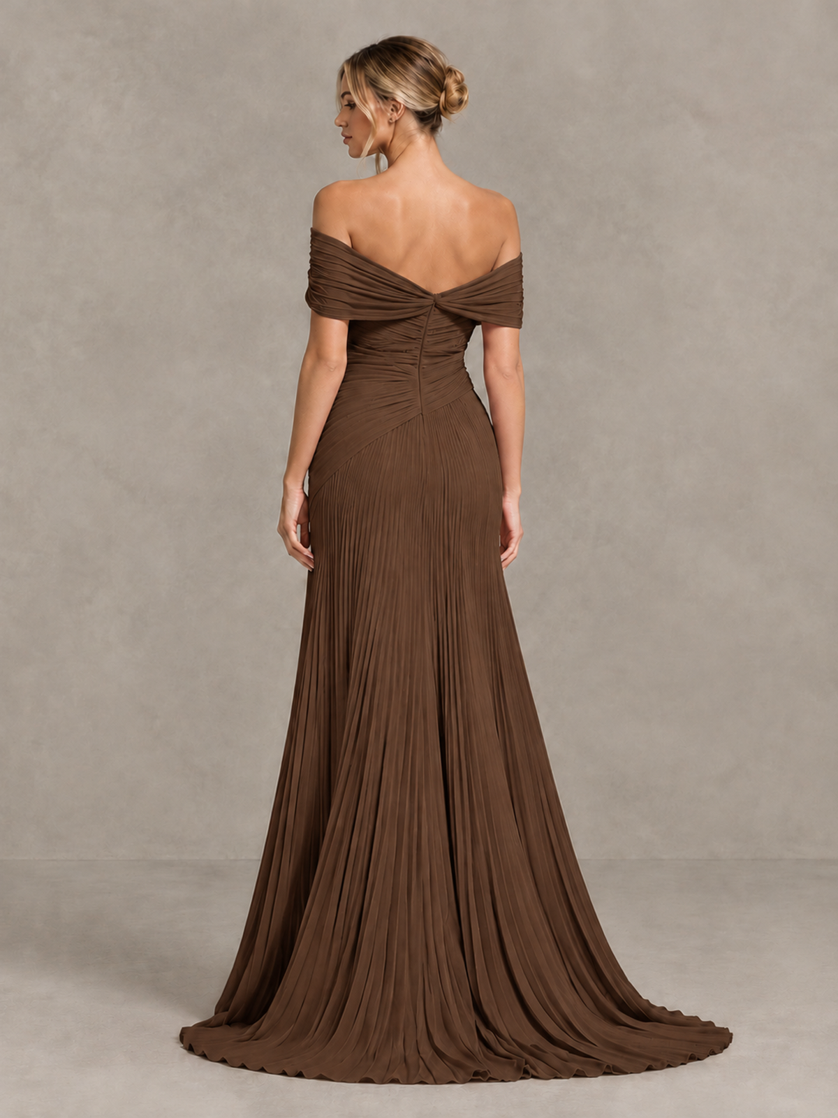 BOLODOO Brown Off-Shoulder Ruched Pleated Maxi Dress with High Slit - Brown - Brown (2)