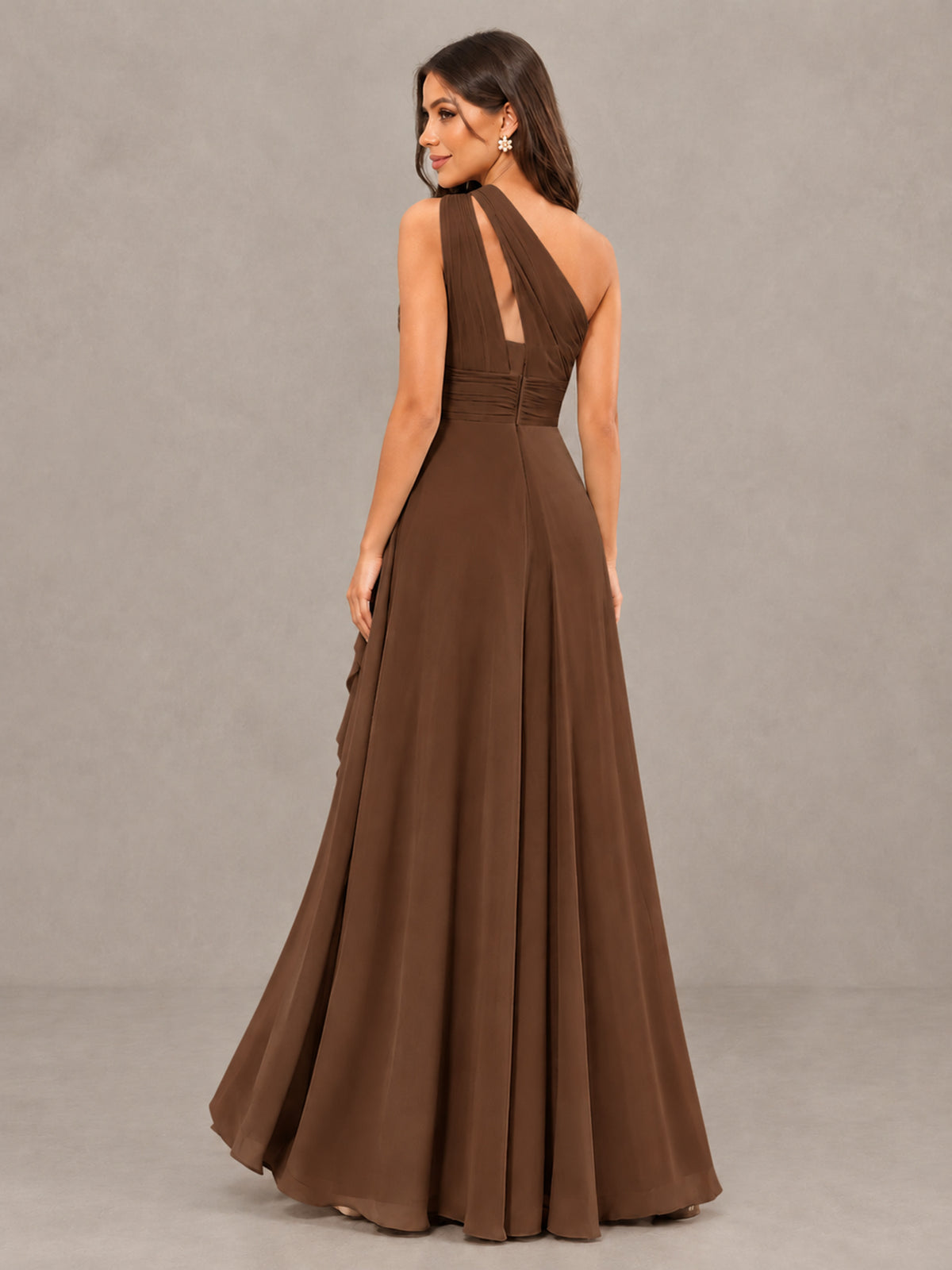 BOLODOO Brown One-Shoulder Ruffle Bridesmaid Dress with Slit - Brown - Brown (2)