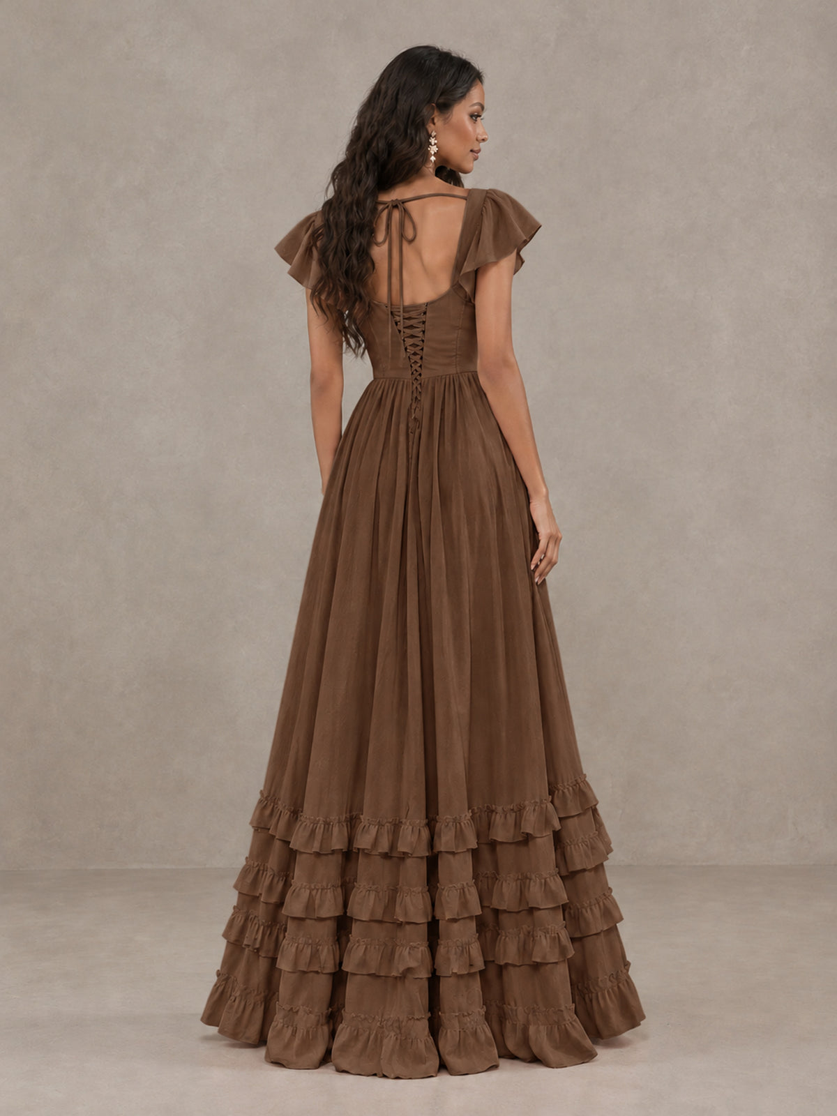 BOLODOO Brown Flutter Sleeve Ruffle Bridesmaid Dress with Slit - Brown - Brown (2)